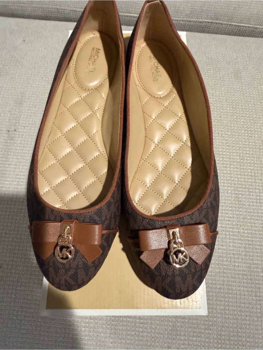 Michael Kors honey Brown Logo Ballet Flats with Bow and Gold MK Charm